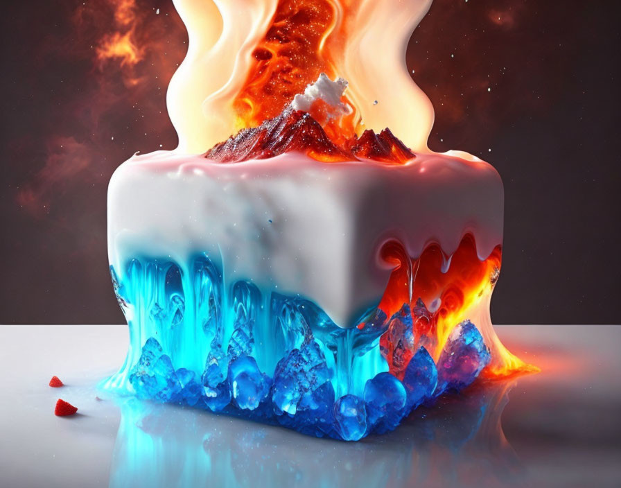 Surreal melting candle with vibrant flame on icy backdrop