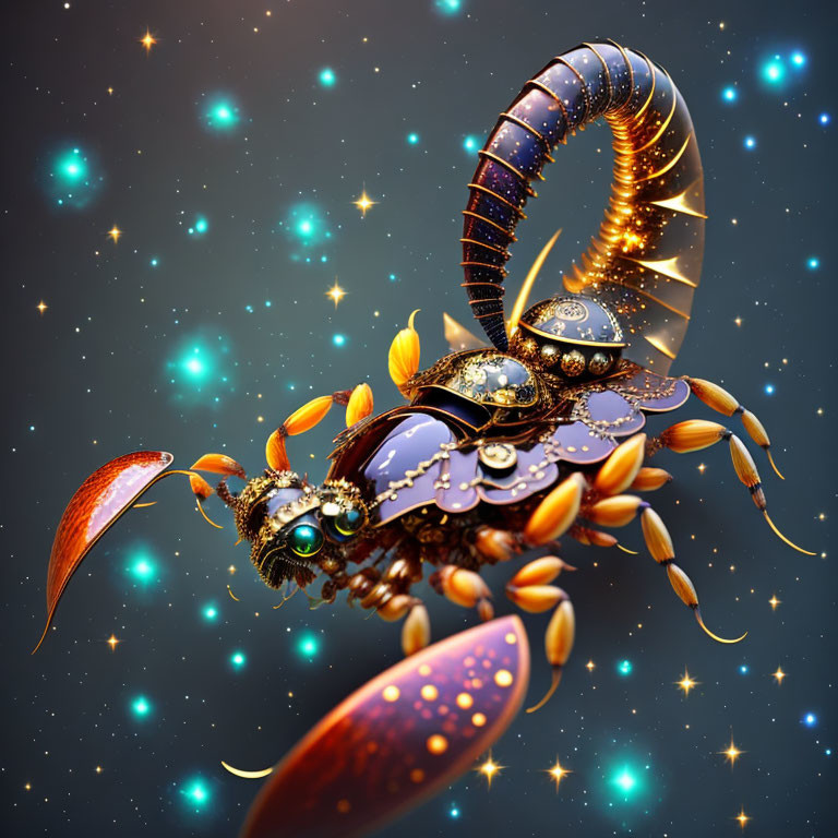 Mechanical scorpion digital art with intricate designs on starry space backdrop