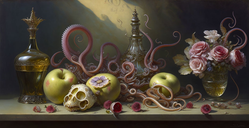 Skull, apples, tentacles, bottle, lamp, and flowers still-life painting blend realism with