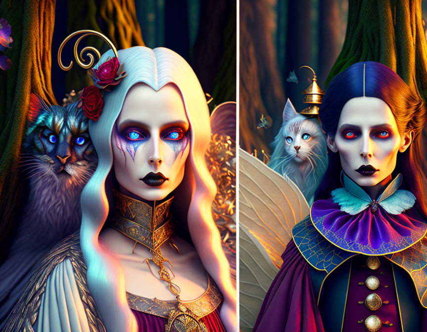 Gothic fantasy characters with elaborate costumes and mystical cats