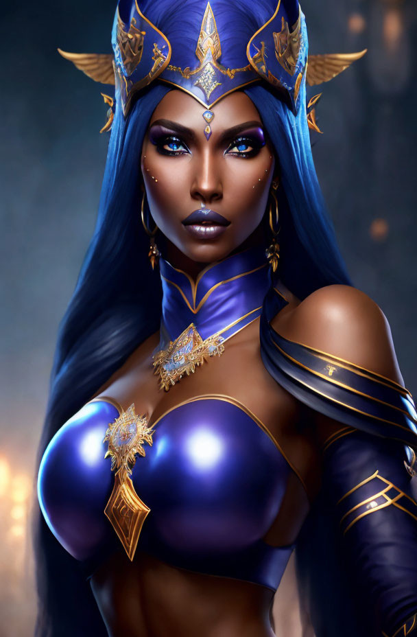 Blue-skinned fantasy character in golden crown and armor, exuding mystical aura