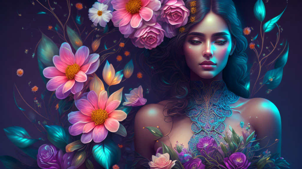 Colorful Floral Design Adorns Woman in Artistic Image