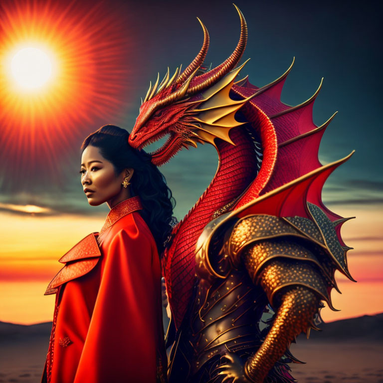 Woman in Red Dress Poses with Majestic Dragon at Sunset