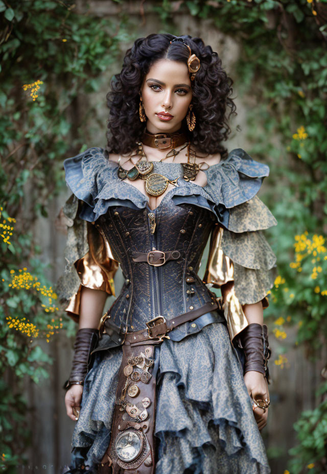 Elaborate steampunk attire with corset and ruffled skirt against leafy backdrop