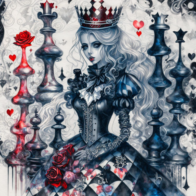 Gothic fantasy queen with crown, chess pieces, roses, hearts in monochrome with red accents