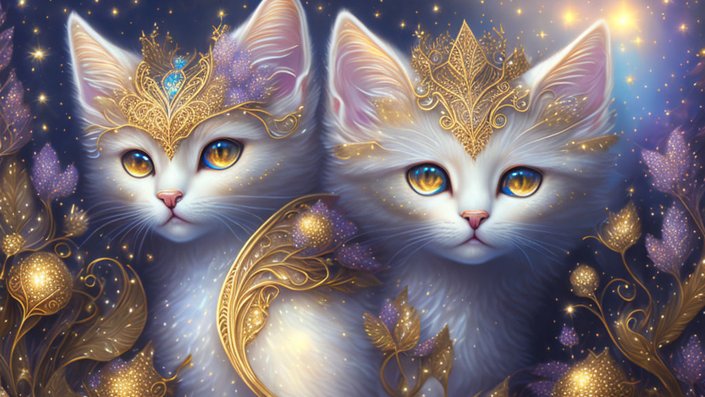 Regal white kittens with blue eyes wearing golden crowns and jewelry among stars and plants