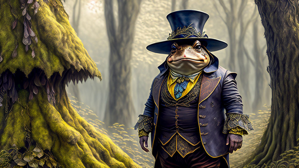 Anthropomorphic Frog in Victorian Attire in Enchanted Forest