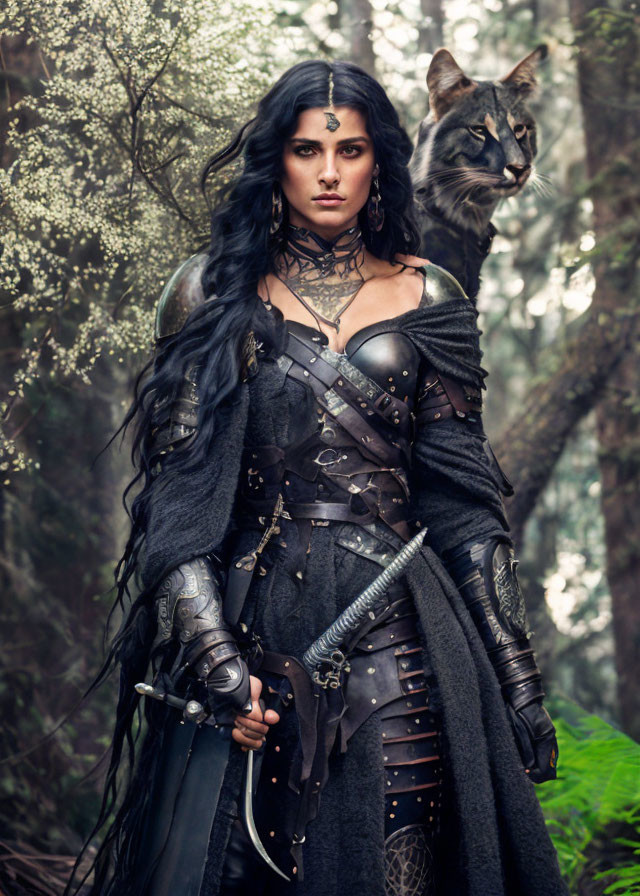 Female warrior in medieval fantasy armor with sword and large cat in forest