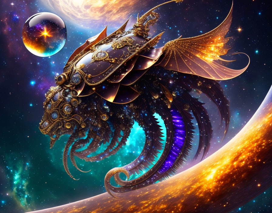 Ornate mechanical dragon in space with galaxies and planet