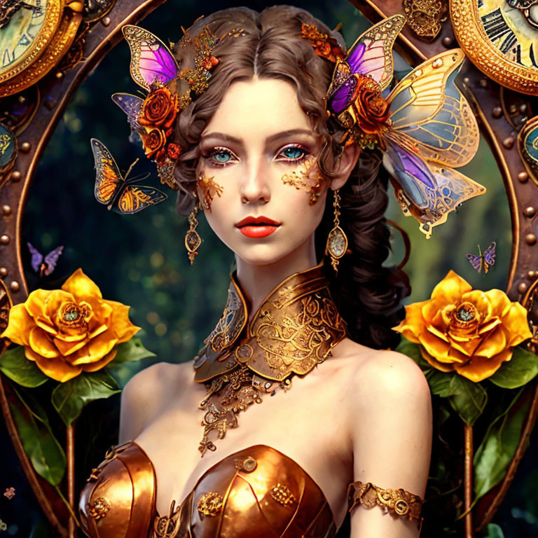 Portrait of woman with golden floral patterns, butterflies, and ornate headpiece in nature backdrop