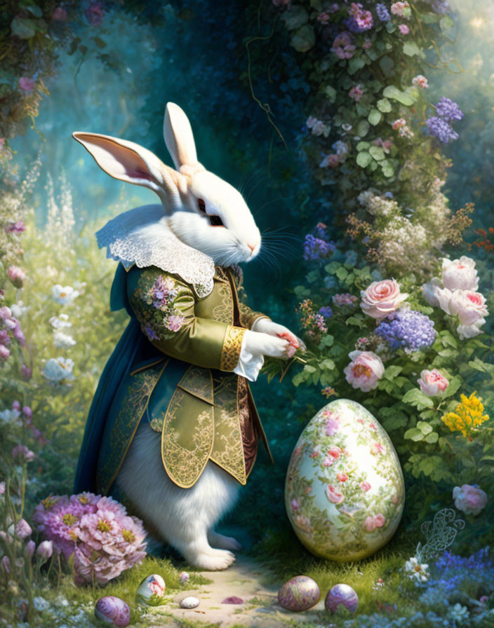 Anthropomorphic rabbit in renaissance attire with decorated egg in forest clearing