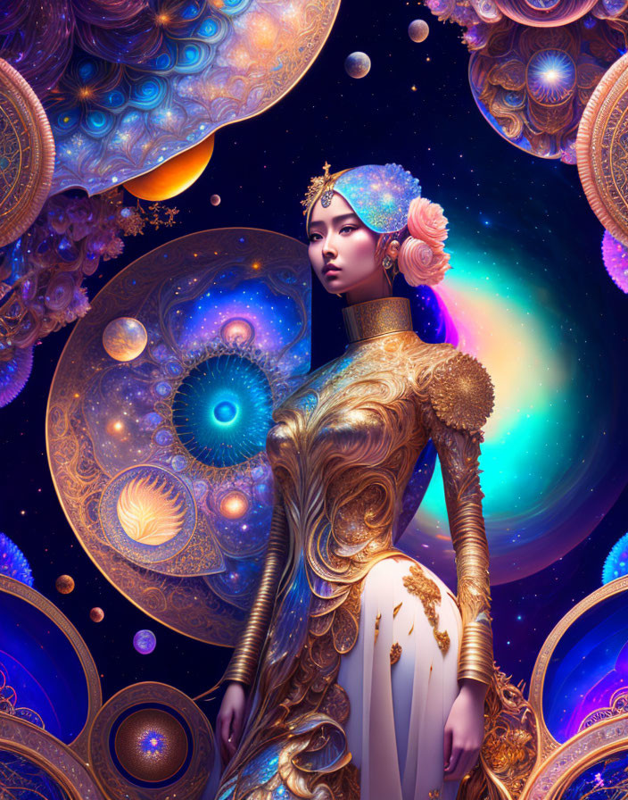 Regal woman in golden attire against cosmic backdrop