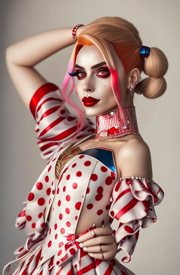 Blonde woman with red highlights in white dress with red polka dots