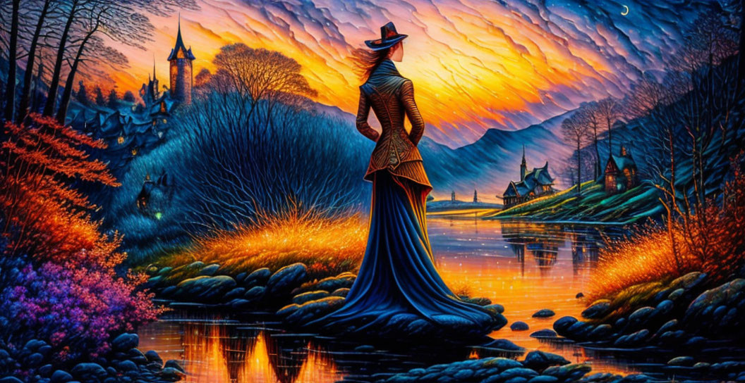 Woman in flowing dress by vibrant sunset river in colorful forest