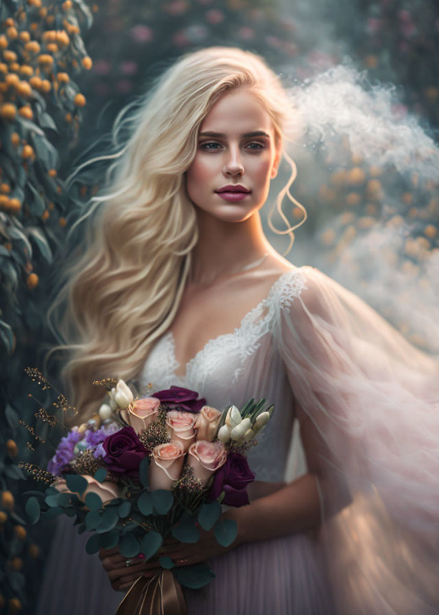 Blonde woman in lace dress with bouquet in misty setting.
