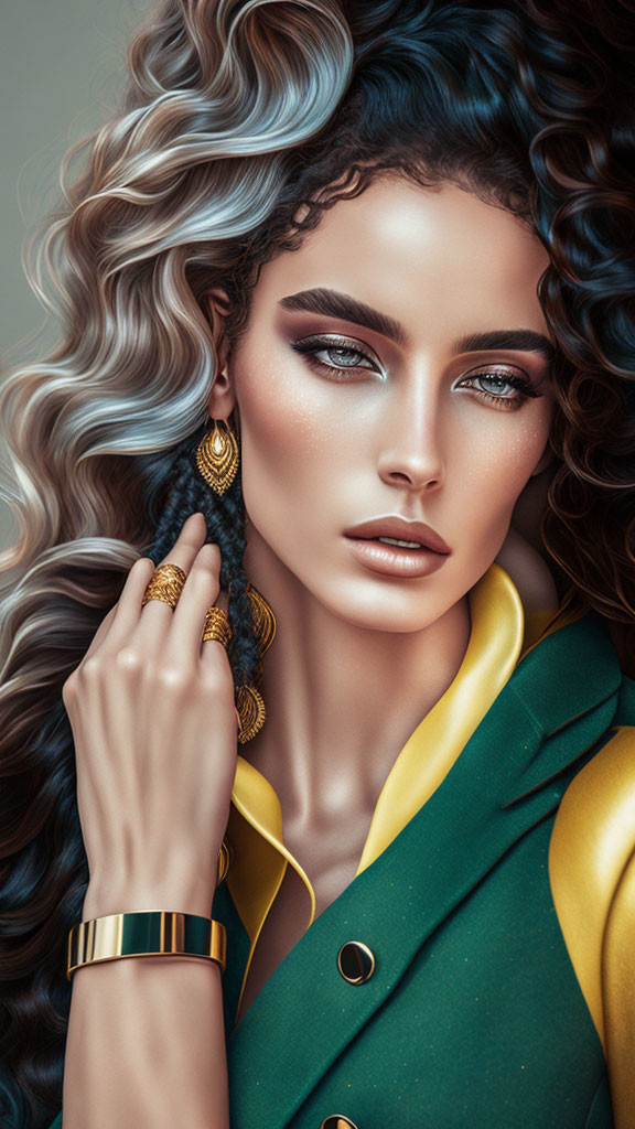 Illustrated woman with wavy hair and striking makeup in green jacket and gold accessories