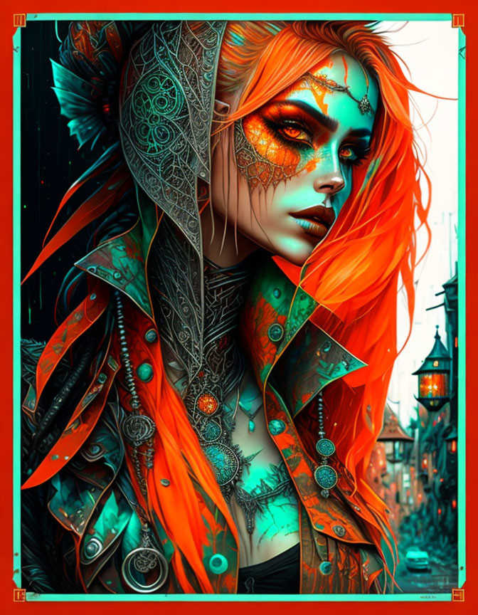 Vibrant red-haired fantasy figure with tattoos in a lantern-lit street