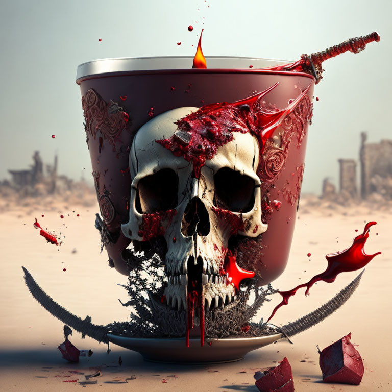 Skull with Three Eye Sockets in Blood-Splattered Cup, Candle, Knife in Desolate