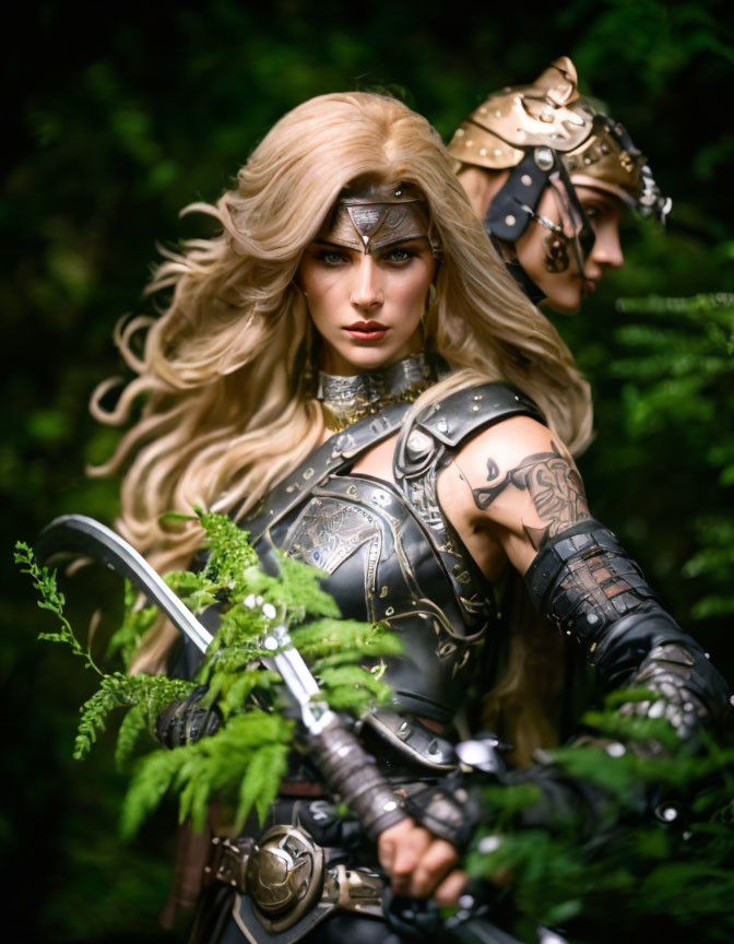 Woman in ornate battle armor wields sword with male figure in helm in lush greenery