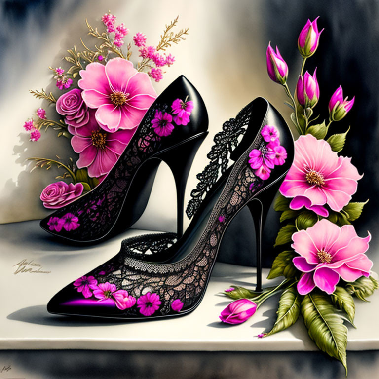 Black Lace High Heels with Pink Flowers on Soft-focus Background