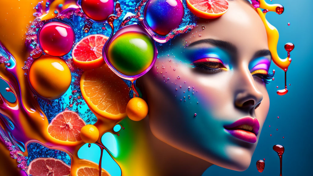 Colorful makeup woman's face in surreal digital artwork