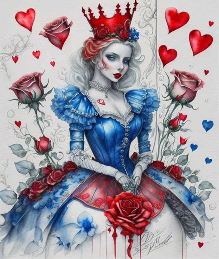 Illustration of woman in blue Victorian dress with red accents and crown, surrounded by hearts and roses