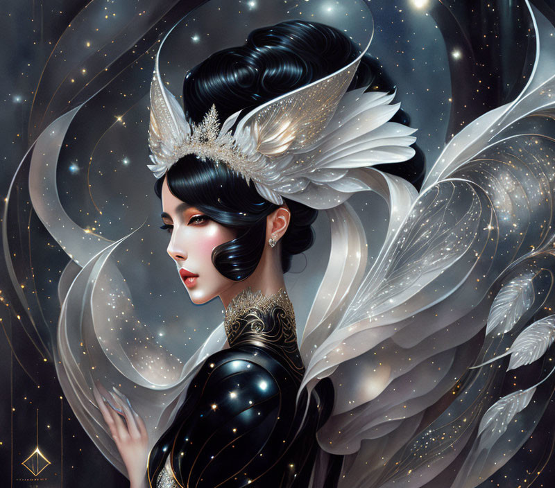 Illustrated portrait of woman with black hair, headdress, white garments & stars