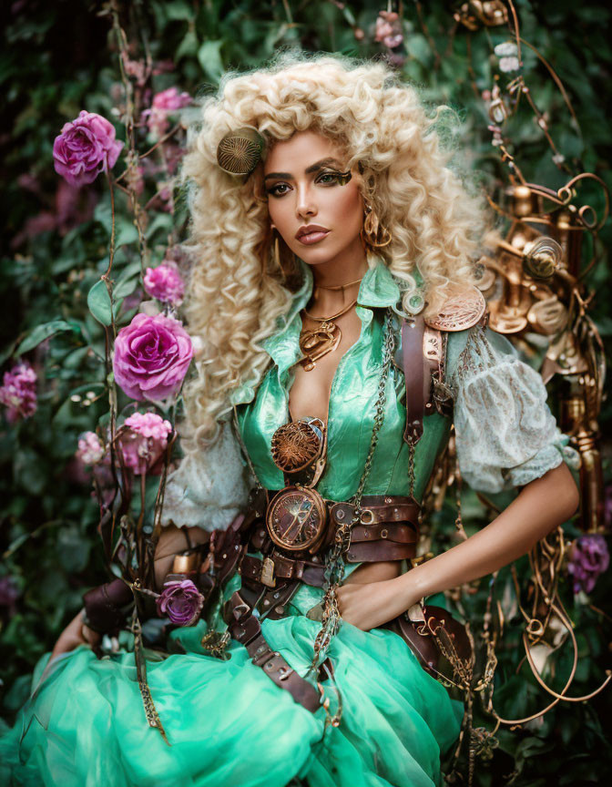 Elaborate steampunk attire woman amid roses with gears, corset, and ruffled dress