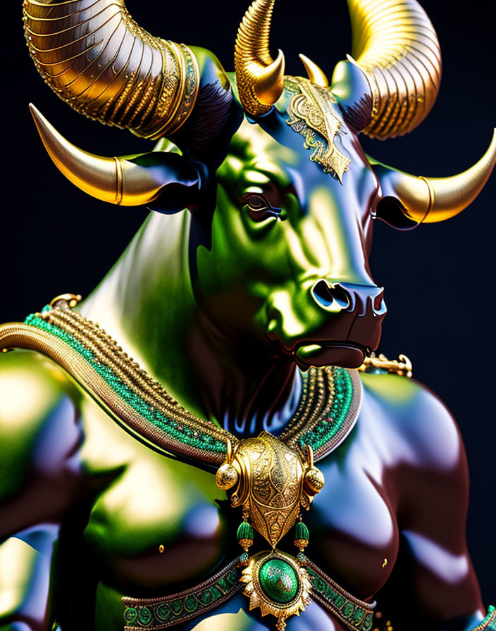 Digital artwork: Bull with golden horns and jewelry on dark background