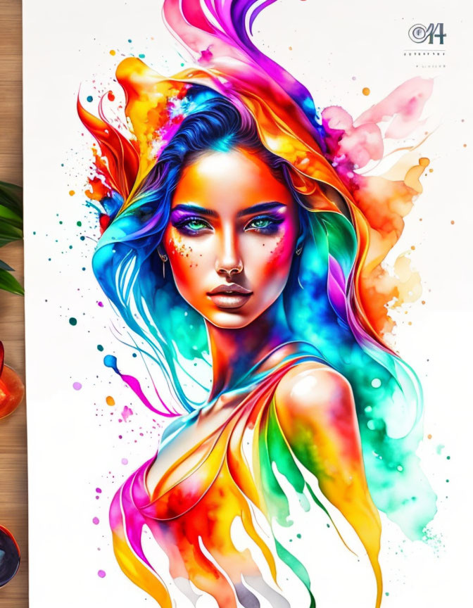 Colorful artwork: woman with flowing hair blending into rainbow splashes