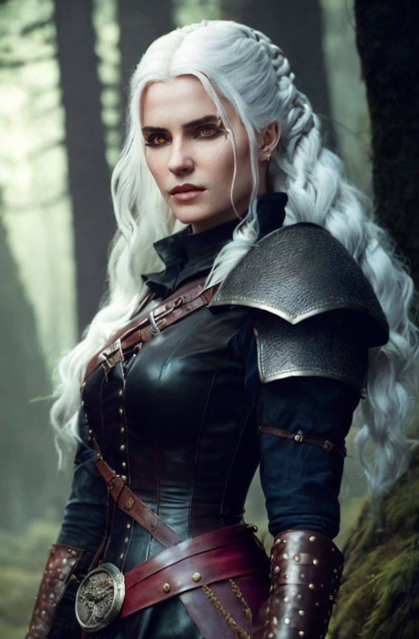 Fantasy-inspired armor with white braided hair in misty forest