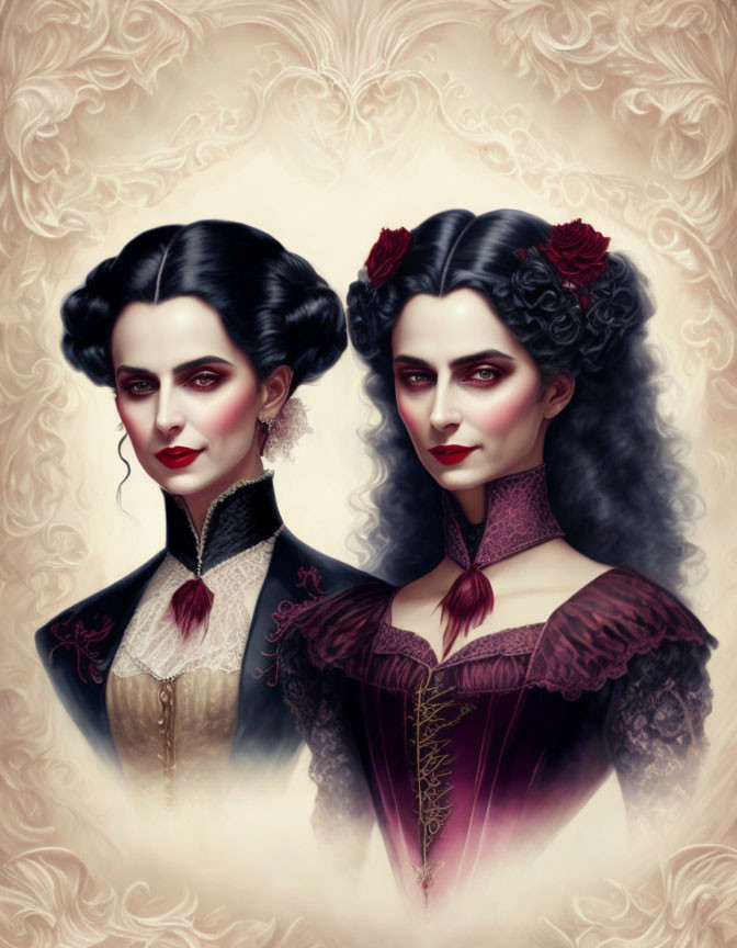 Victorian twin women digital art with red roses and ornate background