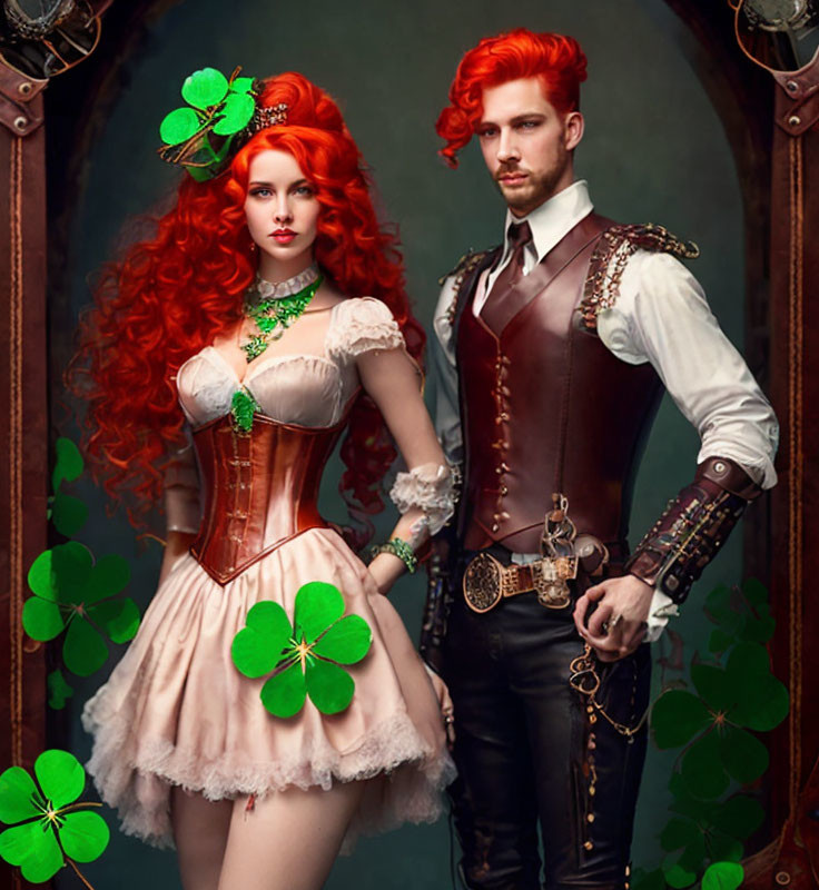 Two people in Victorian attire with red hair against shamrock backdrop