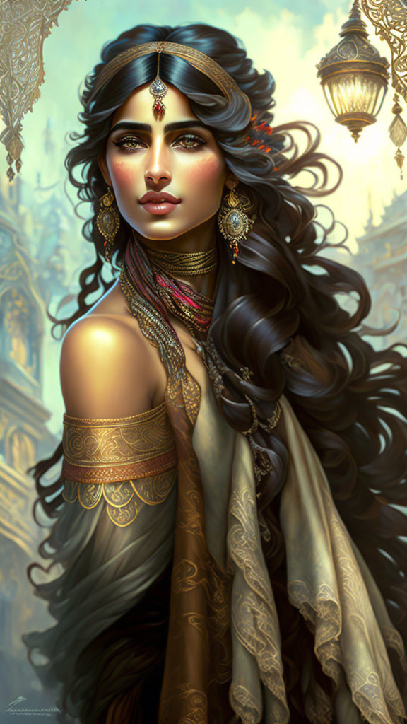 Illustrated woman with long black hair and gold jewelry against ornate background