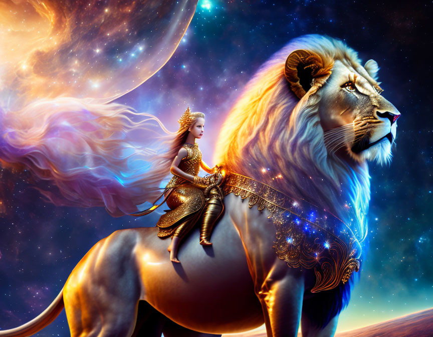 Warrior woman in golden armor riding lion against cosmic backdrop