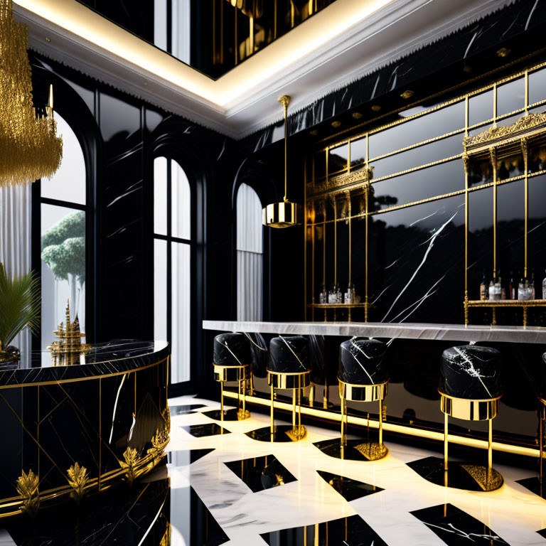 Elegant Bar Interior with Black Marble, Gold Accents, and Upholstered Stools