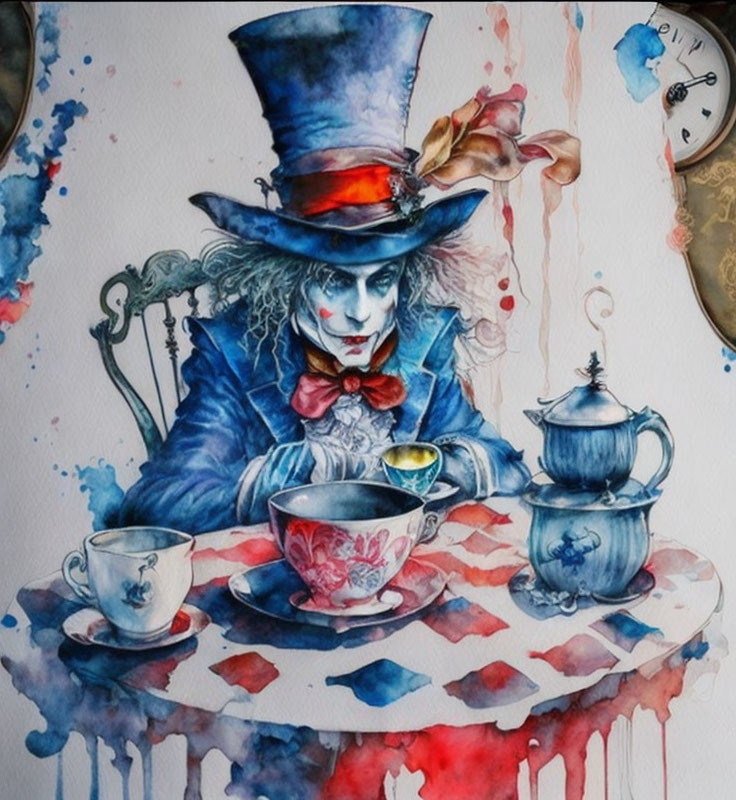 Whimsical watercolor illustration of Mad Hatter-like character at tea-stained table