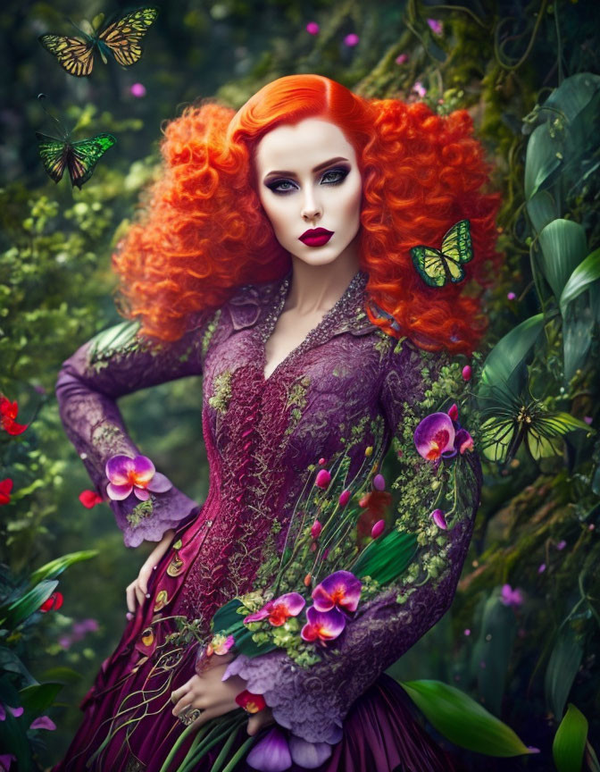 Woman with Red Hair in Floral Garden Surrounded by Butterflies