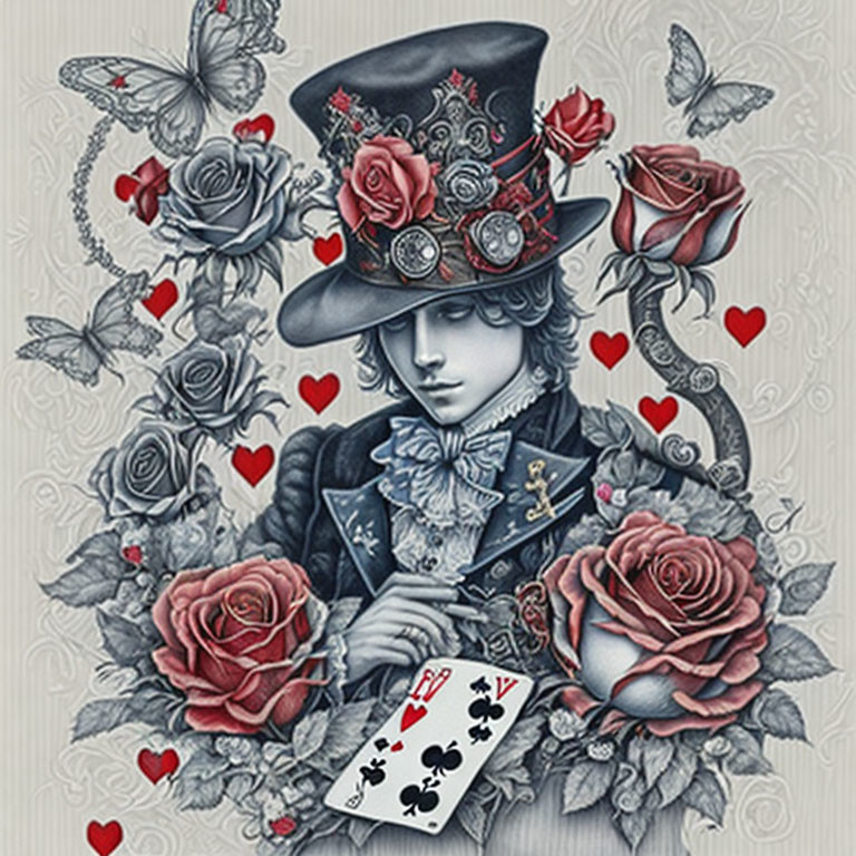 Monochromatic Victorian-style illustration with gears, roses, butterflies, and playing cards