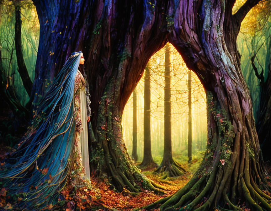 Person in flowing gown gazes at golden light in enchanted forest