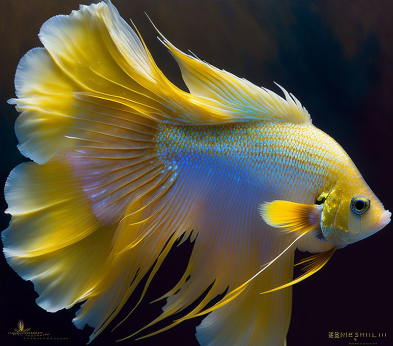 Yellow and White Siamese Fighting Fish with Delicate Fin Rays in Dark Water