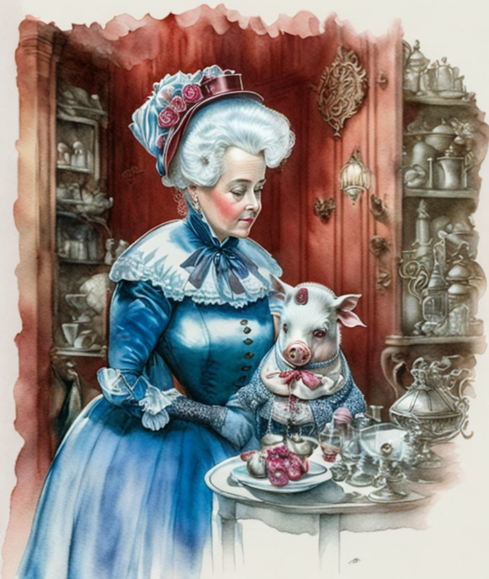 Victorian-era woman in blue dress with pig at tea party