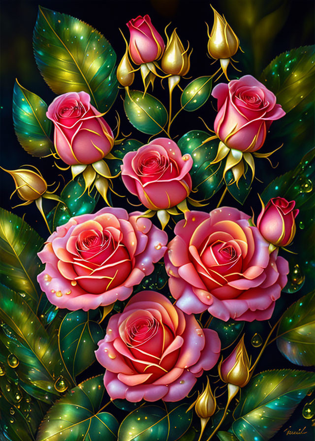 Colorful digital artwork featuring blooming roses and buds against dark foliage with golden accents.