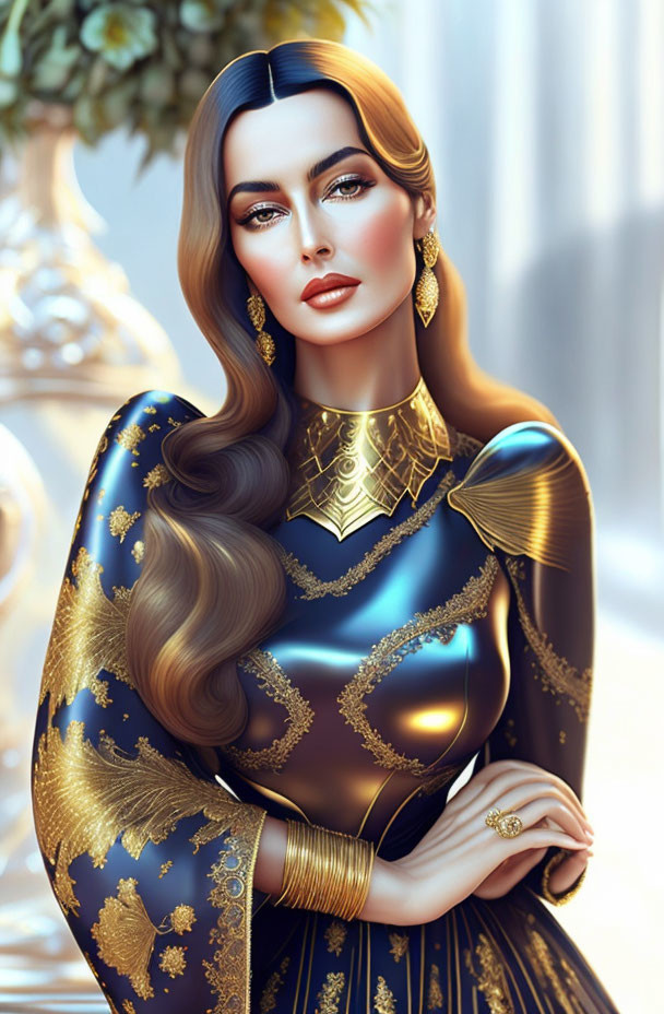 Illustration of woman in ornate blue-golden dress with flowing brunette hair