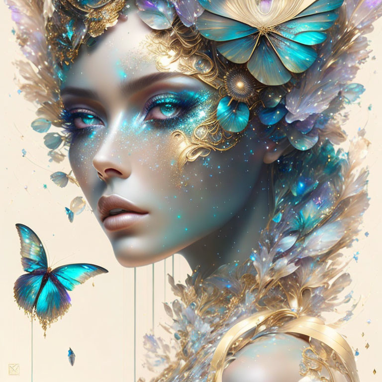 Woman adorned with butterfly, floral motifs, stars, and cosmic glow.