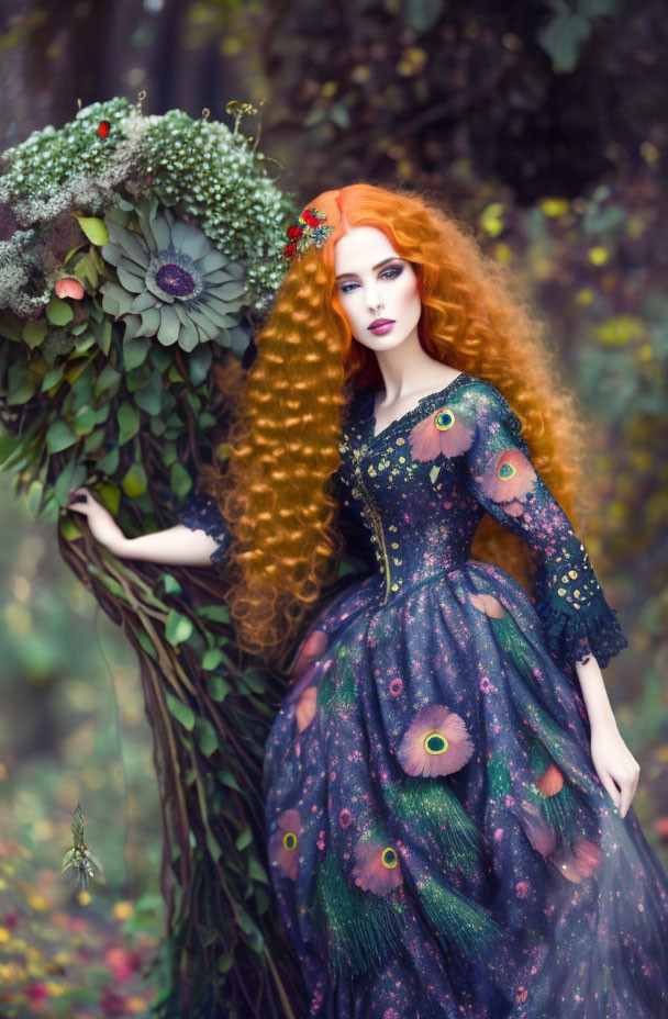 Woman with vibrant red hair in peacock-feather dress beside floral creature