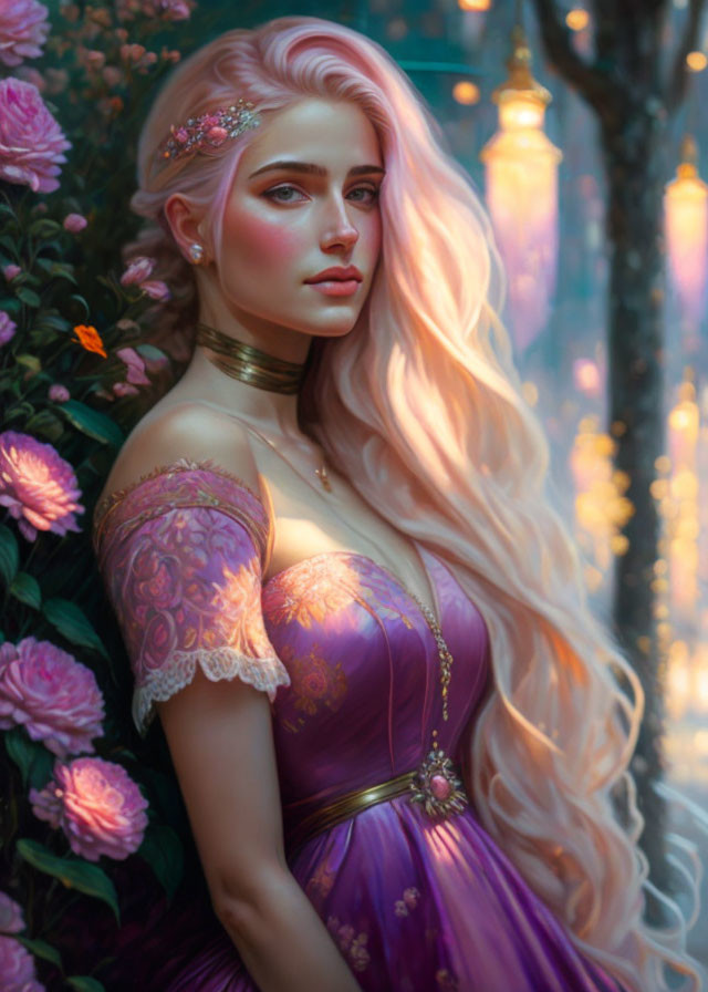 Digital artwork featuring woman with long blond hair in purple dress