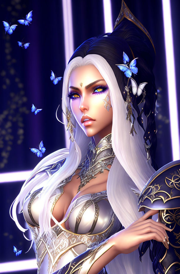 Fantasy female character with white hair and violet eyes in silver armor with blue butterflies on dark background.