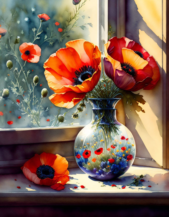 Vibrant watercolor painting of red poppies in a glass vase by a window