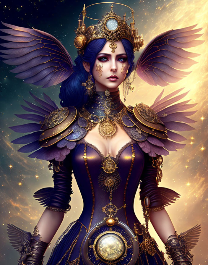 Blue-winged female figure in majestic gold and navy costume with celestial ornaments and regal crown